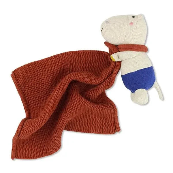 Kuscheltuch Nilpferd natur-blau mit gestricktem Tuch in Rostrot, Babyspielzeug
