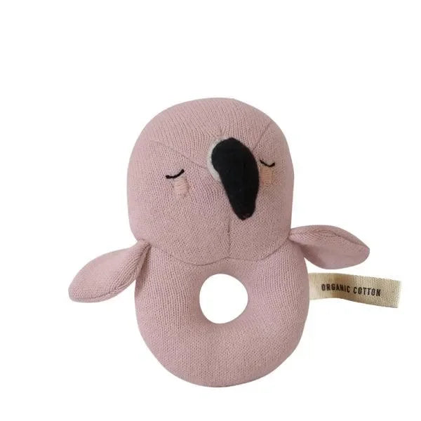 Rosa Baby Rassel in Flamingo-Form aus Bio-Baumwolle, weich und handlich.