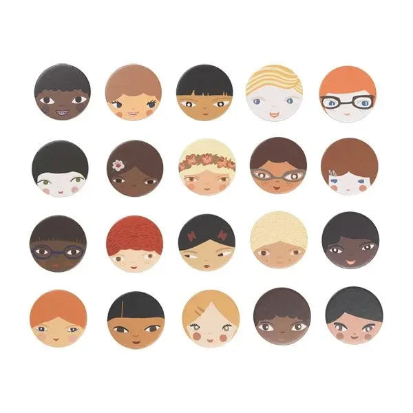 Memory-Spiel Kinder aus Holz, diverse Gesichter, nachhaltiges Lernspielzeug.