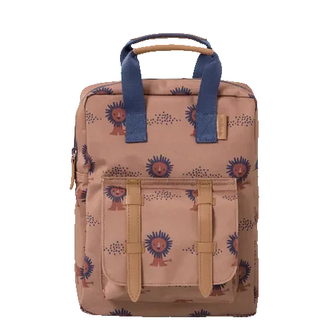 Kinder Rucksack in Rosa mit Löwenmotiv, blauen Henkeln und Fronttasche