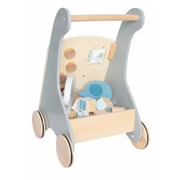 Holz-Lauflernwagen mit Motorikspielzeug, Holzklötzen und Elefant für Kleinkinder