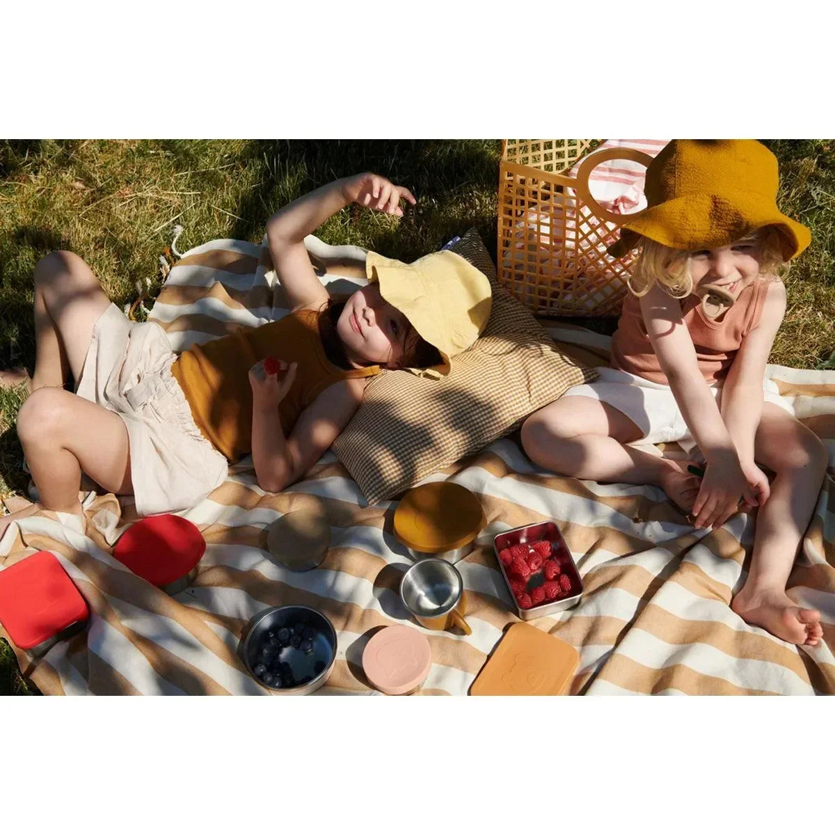 Zwei Kinder mit Sonnenhüten entspannen auf Picknickdecke, Picknickkorb und Snackboxen im Gras