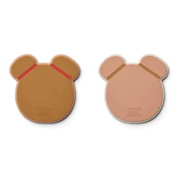 Zwei Silikon-Beißringe in Bärenform, braun und beige, für Babys