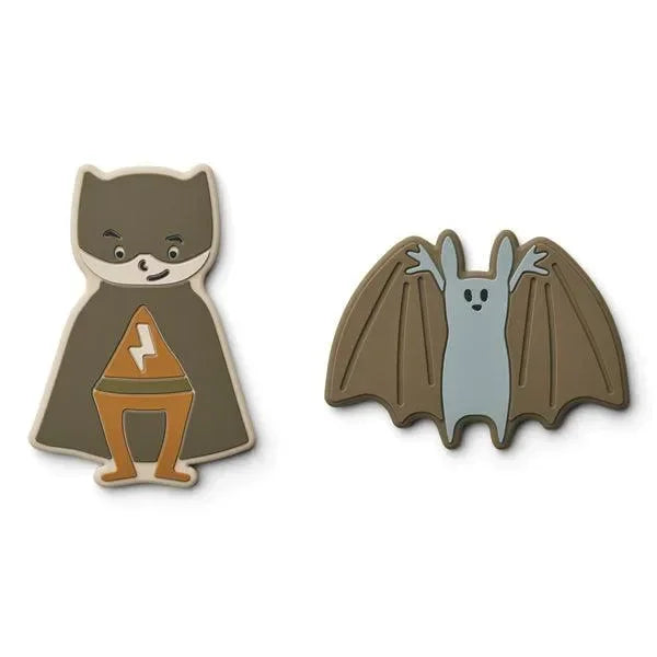 Zweiteiliges Silikon-Beißspielzeug für Babys, Motiv Superheld und Fledermaus, beige-braun.