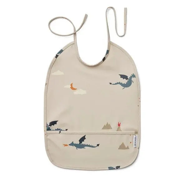Beigefarbenes Kinderlätzchen mit Drachen-Motiv, Berge und Wolken, große Auffangtasche