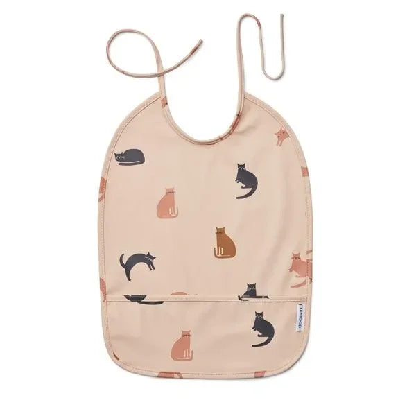 Kinderlätzchen beige mit buntem Katzenmuster und Auffangtasche, praktisches Babylätzchen