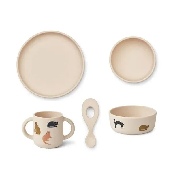 Beiges Kinder-Silikon-Geschirrset mit Katzendesign, bestehend aus Teller, Schüssel, Becher und Löffel