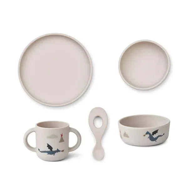 Kinder Geschirrset aus Silikon mit Drachenmotiv, bestehend aus Teller, Schüssel, Tasse und Löffel