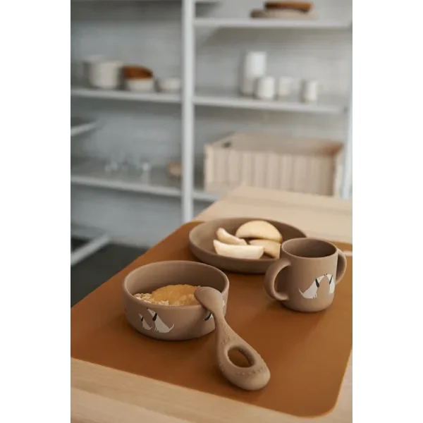 Beiges Silikon-Kindergeschirr-Set mit Tiermotiv, bestehend aus Becher, Schüssel, Teller und Löffel