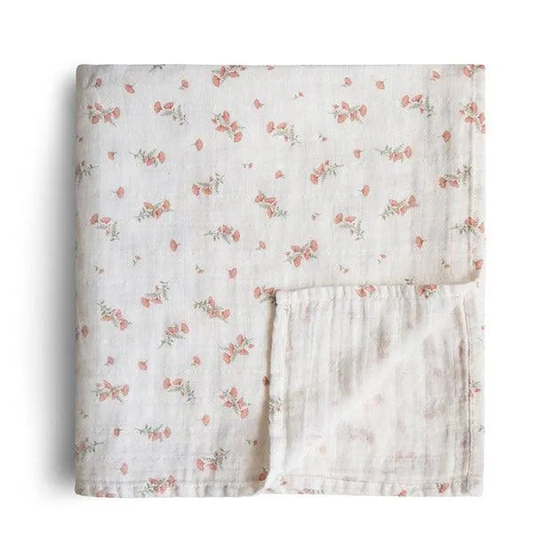 Mushie Wickeldecke Pink Flowers – 100 % Bio-Baumwolle – 120 x 120 cm - Nook d Mel
