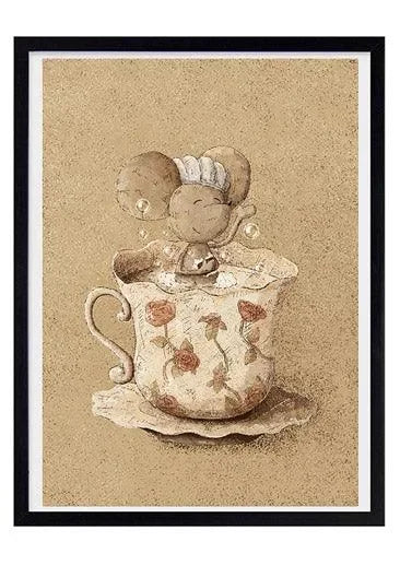 Illustration einer Maus mit Blasen in einer geblümten Tasse, Kinderzimmer Dekoration