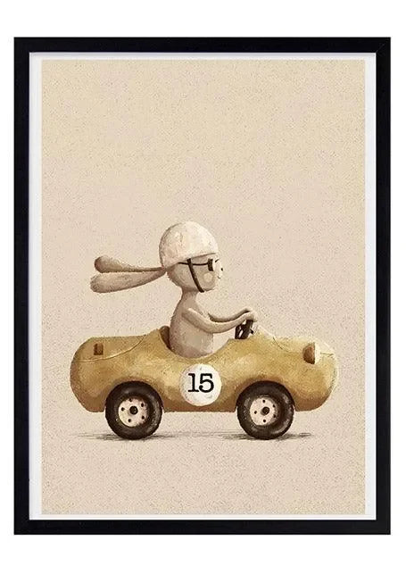 Kinderzimmer Poster mit Hase im Auto, Vintage Deko, niedliche Wandkunst für Kinder