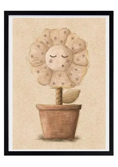 Vintage Poster mit schlafender Blume im Topf, Kinderzimmer Deko, sanfte Pastellfarben