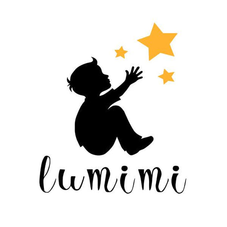 Logo Nook' d' Mel: Schwarze Kinder-Silhouette, die nach gelben Sternen greift, Text lumimi