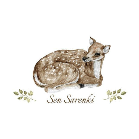 Aquarell-Logo mit liegendem Rehkitz, zartem Blattdekor und Schriftzug 'Sen Sarenki'.