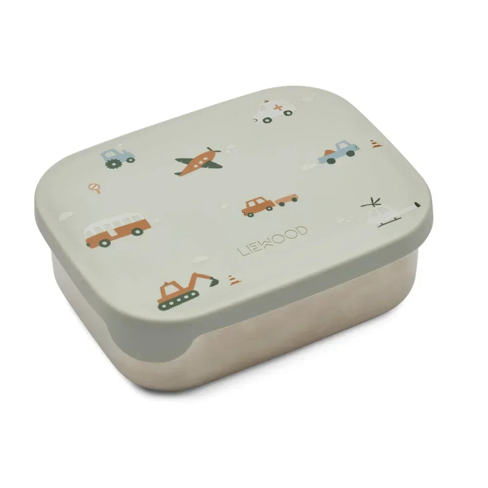 LIEWOOD Kinder Brotdose Edelstahl mit Silikondeckel Arthur "Vehicles / Dove blue mix"