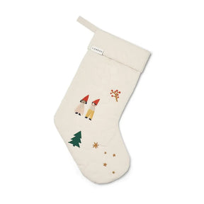 Weihnachtsstrumpf aus Stoff mit Zwergen, Baum und Sternen, beige, Kinderzimmer Dekoration