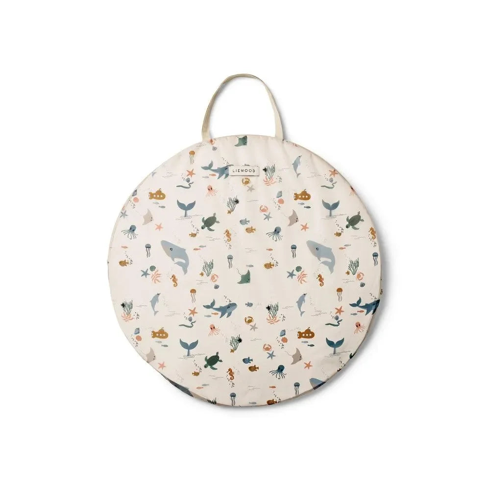 Runde Tasche mit Meeresmotiv, Meerestieren und Griff, für Kinderzimmer oder Spielzeug.