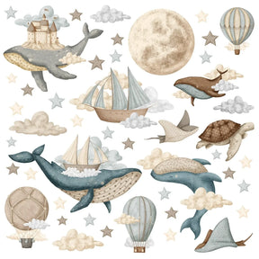 Wandtattoo Kinderzimmer mit Walen, Schiffen, Heißluftballons, Schildkröte und Sternen im Ozean-Motiv