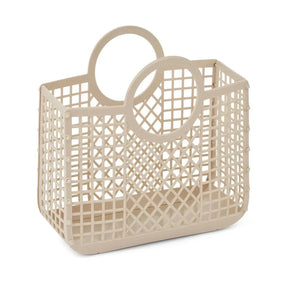 Beige Kinderkorb aus Kunststoff mit runden Griffen und Gittermuster, ideal zur Aufbewahrung